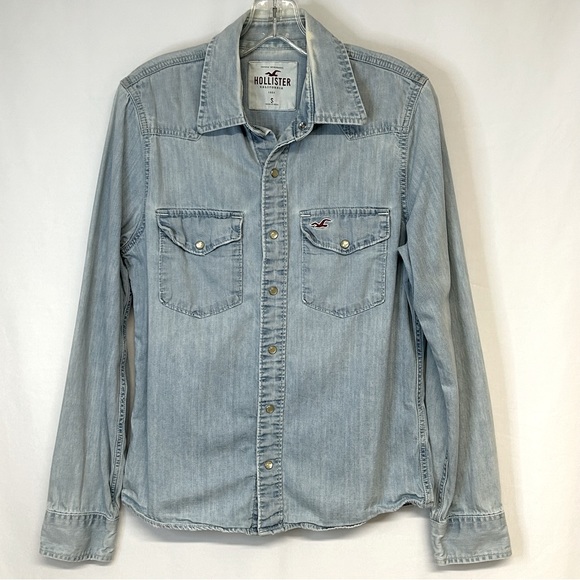 Hollister Womens Denim Pearl Snap Shirt Sz S Distressed Western Y2k - Picture 1 of 11